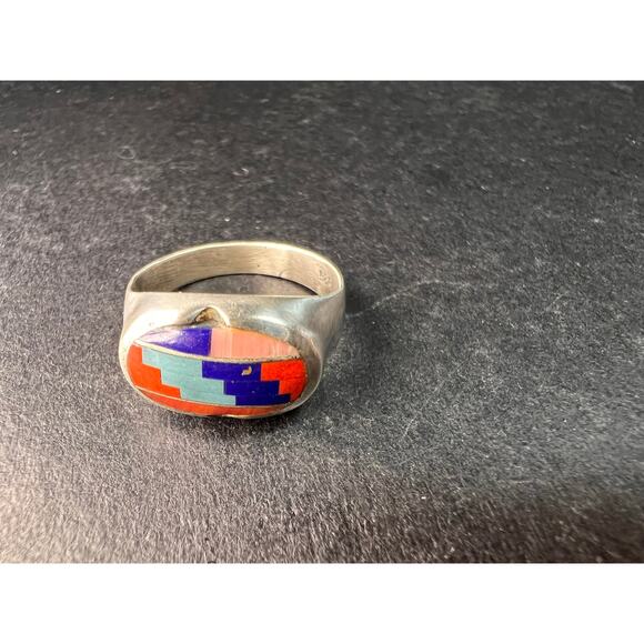 Vintage dead stock 925 Sterling Silver Southwest Mosaic Inlay Ring Size 7 - Picture 2 of 15